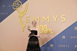 Katie Dippold poses in the press room with the Emmy for Outstanding Writing for a Comedy Series for Widow's Bay during the 78th Emmy Awards telecast
