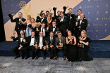 The team from The Late Show With Stephen Colbert seen backstage with their Emmys for Outstanding Variety Series during the 78th Emmy Awards telecast