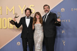 Jason Bateman, Linda Cardellini, and David Harbour seen backstage with their Emmys for Outstanding Limited or Anthology Series for DTF St. Louis during the 78th Emmy Awards telecast