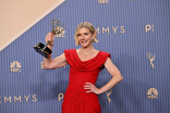 Rhea Seehorn poses in the press room with the Emmy for Outstanding Lead Actress in a Drama Series for Pluribus during the 78th Emmy Awards telecast