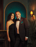 Jenni Konner and Richard Shepard posing in the Emmy Photo Studio