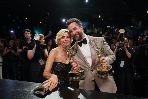 Sara Wells accompanies Noah Wyle, winner of Outstanding Lead Actor in a Drama Series and Outstanding Drama Series for The Pitt has their statuette personalized during the 78th Emmy Awards Governors Gala