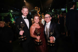 (From left) Bjoern Stejskal, Tanya Bracco, and Matt Lappin, winners of Outstanding Variety Series for The Late Show With Stephen Colbert, enjoy the 78th Emmy Awards Governors Gala