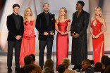 (From left) Noah Beck, Jessica Belkin, Stephen Amell, Hassie Harrison, Thaddeus LaGrone and Brooks Nader present the Emmy for Outstanding Reality Competition Program to The Traitors during the 78th Emmy Awards telecast