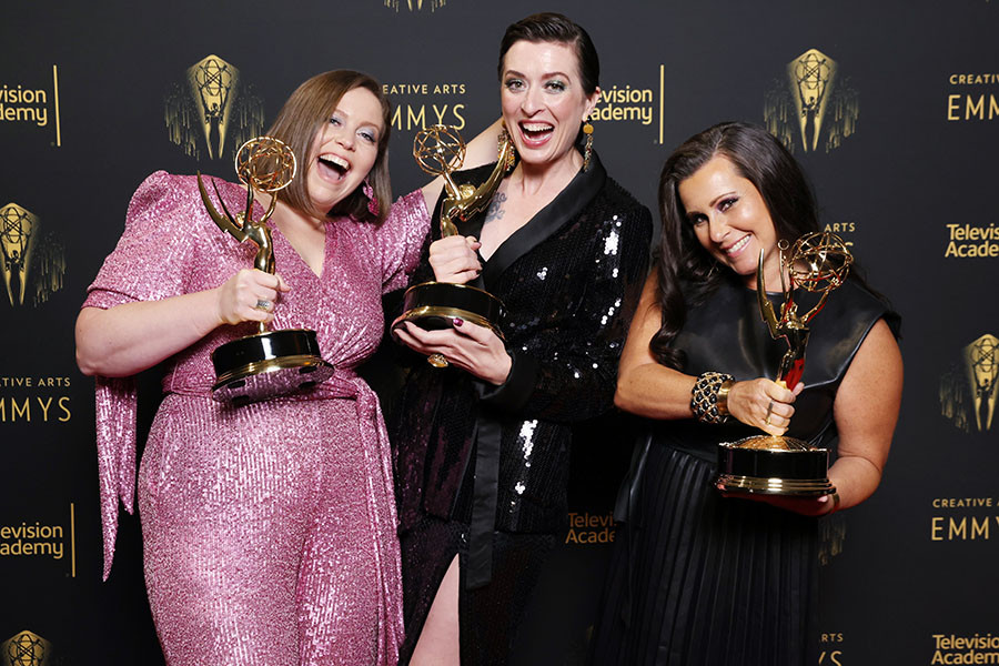 Michelle Roy, Analucia McGorty and Linda Giammarese at the 2021 Creative Arts Emmys, September 11, 2021 in Los Angeles, California.