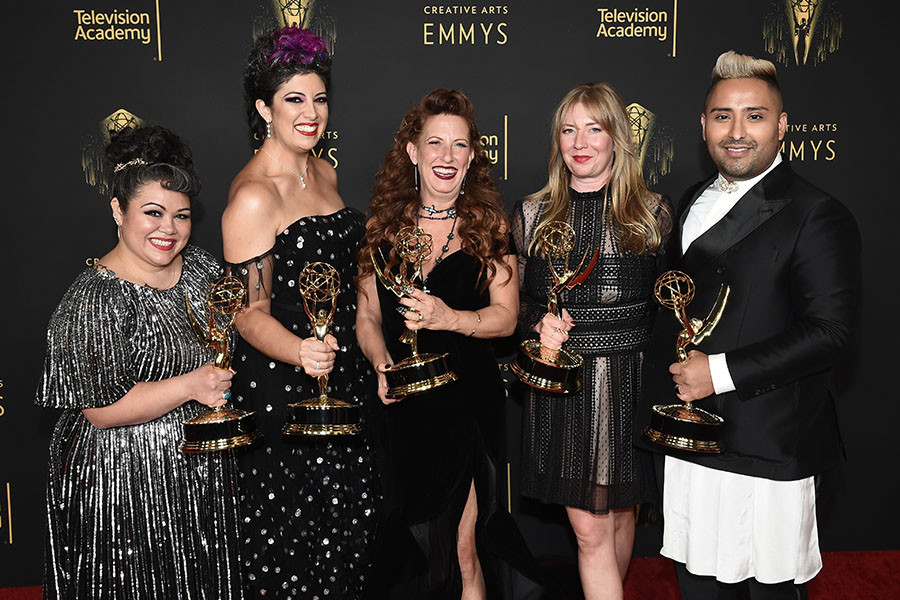 Jennifer Suarez, Jessica Padilla, Sherri Berman Laurence, Nicky Pattison Illum and Charles Zambrano speak to the press at the 2021 Creative Arts Emmys, September 11, 2021 in Los Angeles, California.