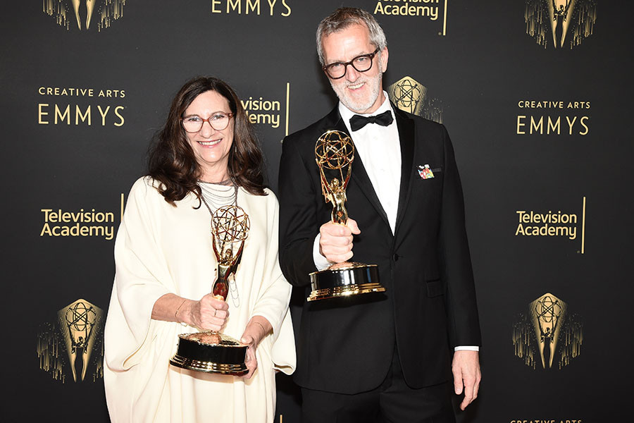 Mark Worthington and Kathy Orlando at the Media Center during night one of the 2021 Creative Arts Emmy Awards.