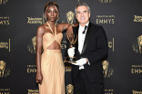 Presenter Angelica Ross and winner George Mooradian at the Media Center during night one of the 2021 Creative Arts Emmy Awards.
