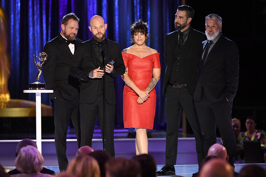 Carlton Coleman, Alexei Dmitriew, Samantha Ward, Cale Thomas, and Pepa Mora accept an award at the 2021 Creative Arts Emmys.