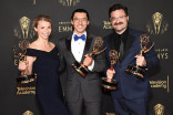 Vickie Curtis, Jeff Orlowski and Davis Coombe speak to the press at the 2021 Creative Arts Emmys, September 12, 2021 in Los Angeles, California.