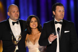 Ante Dekovic, Aleksandra Kochoska and Jason Michael Zimmerman accept an award at the 2021 Creative Arts Emmys.