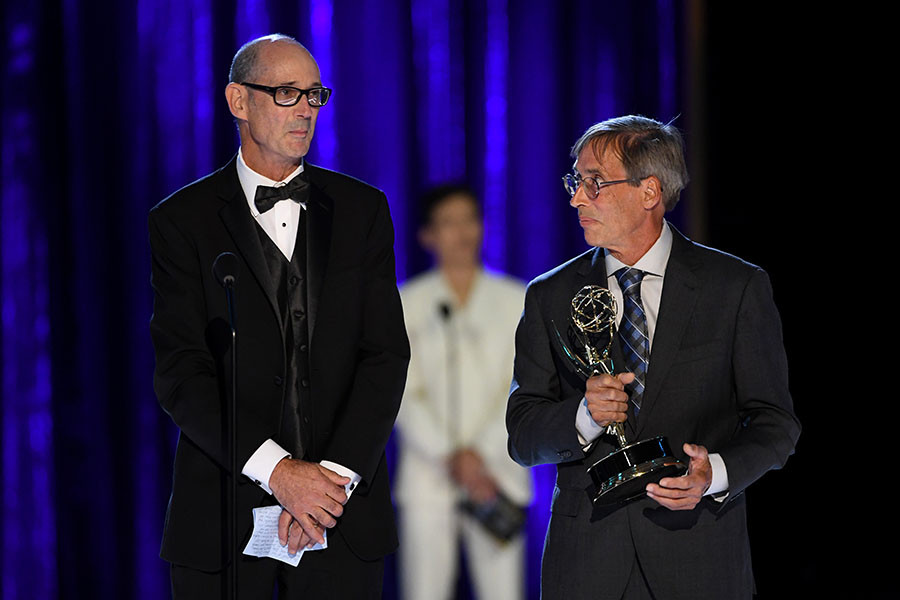 Russell Swanson and Scott Buckler accept an award at the 2021 Creative Arts Emmys.