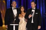 Ante Dekovis, Aleksandra Kochoska and Jason Michael Zimmerman accept an award at the 2021 Creative Arts Emmys.