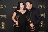 Kristen Anderson-Lopez and Robert Lopez pose at the Media Center during the 2021 Creative Arts Emmy Awards.