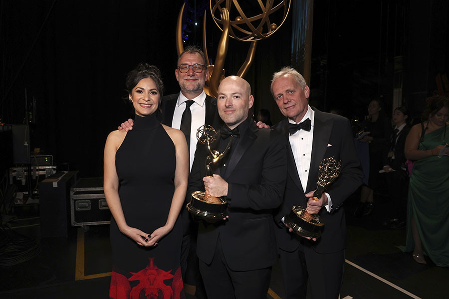 The sound mixing team from Daisy Jones and The Six backstage at the 75th Creative Arts Emmy Awards
