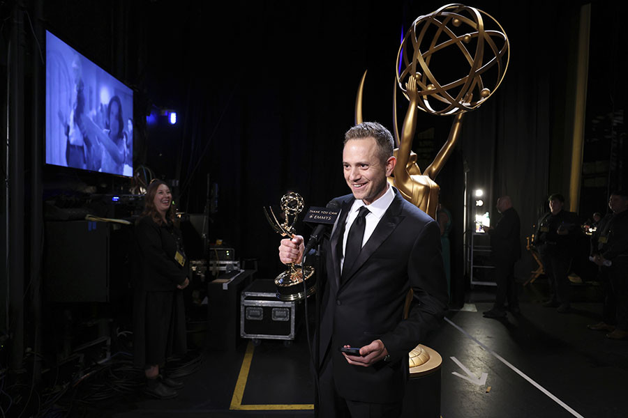 Gabe Hilfer of The White Lotus backstage at the 75th Creative Arts Emmy Awards 