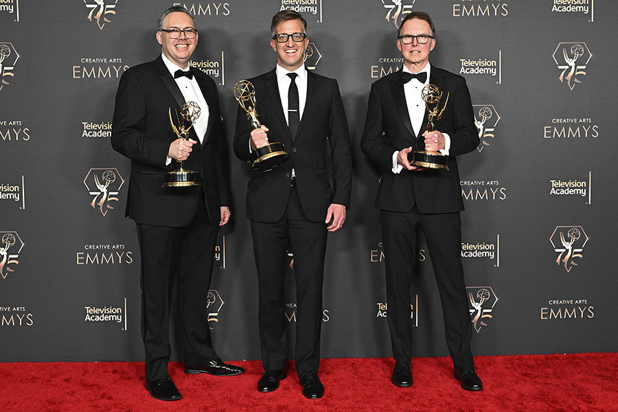 Marc Fishman, Kevin Roache, and Michael Playfair, the sound mixing team from The Last of Us, in the press room at the 75th Creative Arts Emmy Awards