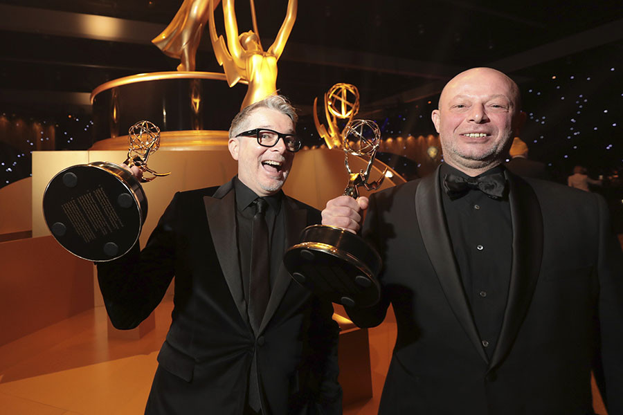 Mark Scruton and Adrian Curelea from the production design team of Wednesday at the 75th Creative Arts Emmy Awards Governors Gala