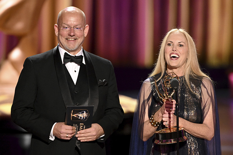 Derek Sullivan and Denise Wingate accept the award for Outstanding Period Costumes For A Limited Or Anthology Series Or Movie for Daisy Jones and The Six at the 75th Creative Arts Emmy Awards