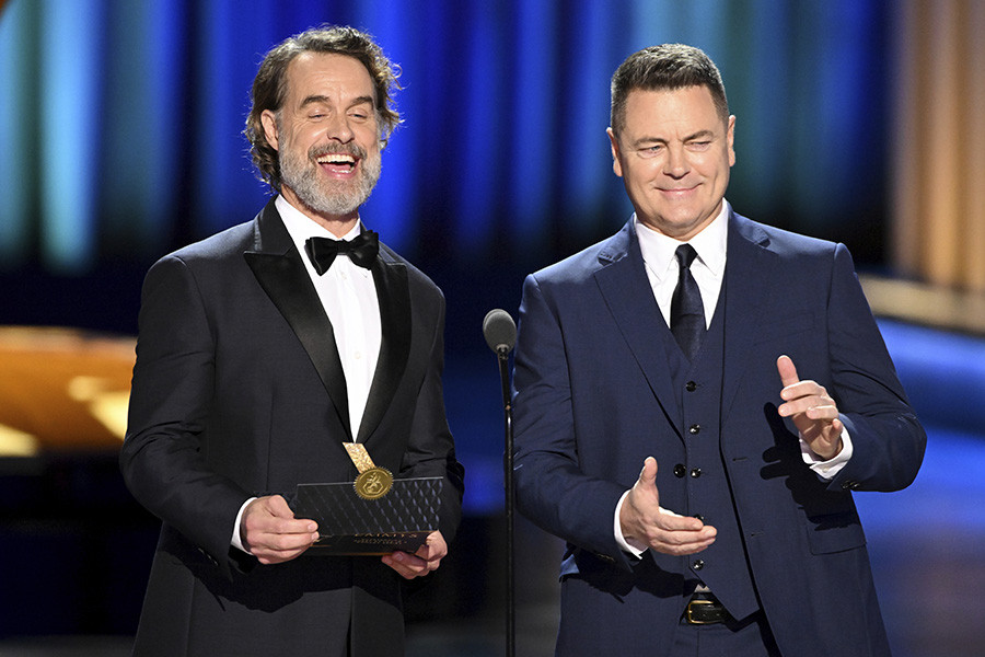 Murray Bartlett and Nick Offerman on stage at the 75th Creative Arts Emmy Awards