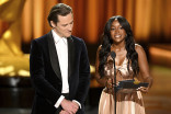 Aja Naomi King and Lewis Pullman present an award at 75th Creative Arts Emmy Awards 