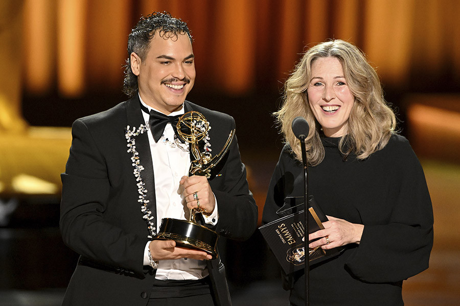 Nic Collins and Giorgio Galliero from Queen Charlotte: A Bridgerton Story accept the award for Outstanding Period And/Or Character Hairstyling at the 75th Creative Arts Emmy Awards