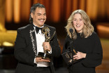 Nic Collins and Giorgio Galliero from Queen Charlotte: A Bridgerton Story accept the award for Outstanding Period And/Or Character Hairstyling at the 75th Creative Arts Emmy Awards