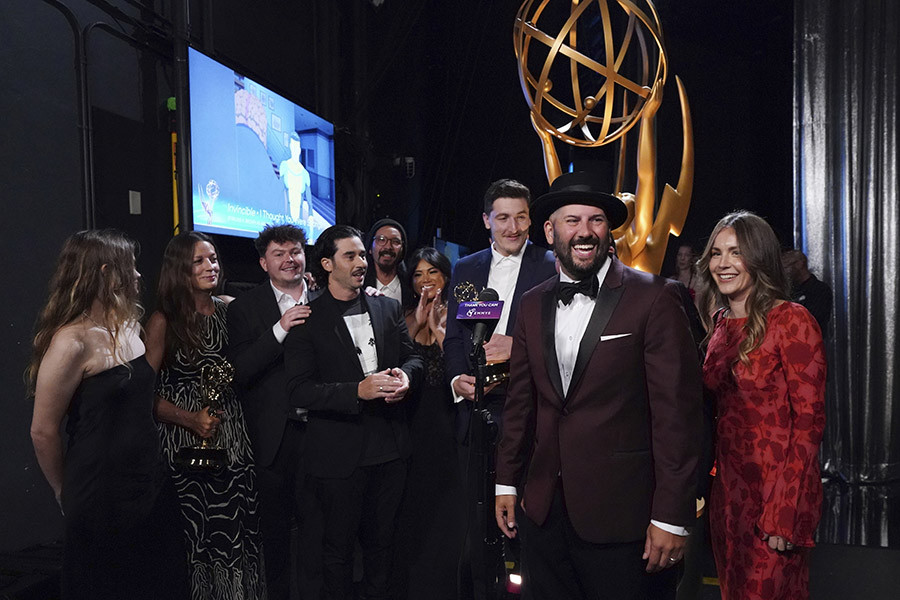 The Fuzzy Feelings - Apple - iPhone + Mac team backstage with their award for Outstanding Commercial at the 76th Creative Arts Emmy Awards