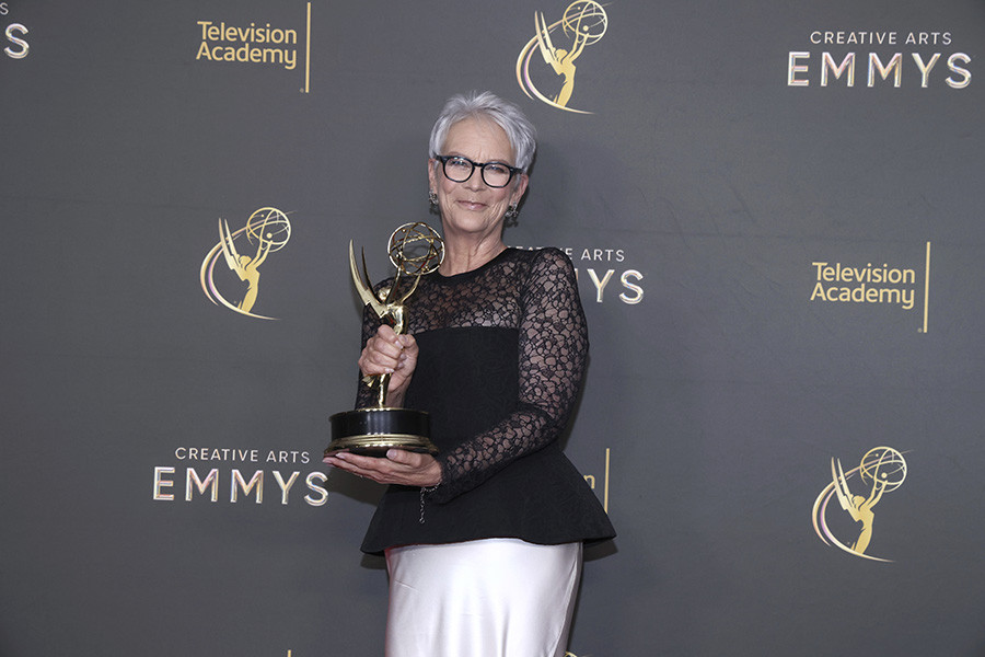 Jamie Lee Curtis with her award for Outstanding Guest Actress In A Comedy Series for The Bear backstage at the 76th Creative Arts Emmy Awards