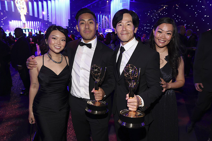 Waverly Cochingco, Irene Ng, Martin Cochingco, and Johnson Phan, with their awards for Outstanding Writing for a Variety Series for Shōgun at the76th Creative Arts Emmy Awards Governors Gala