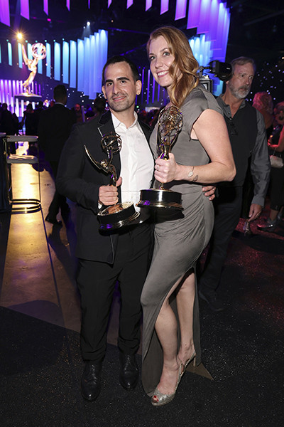 Jose Bantula and Laura McCarthy with their award for Outstanding Contemporary Costumes for a Limited or Anthology Series or Movie for American Horror Story at the 76th Creative Arts Emmy Awards Governors Gala