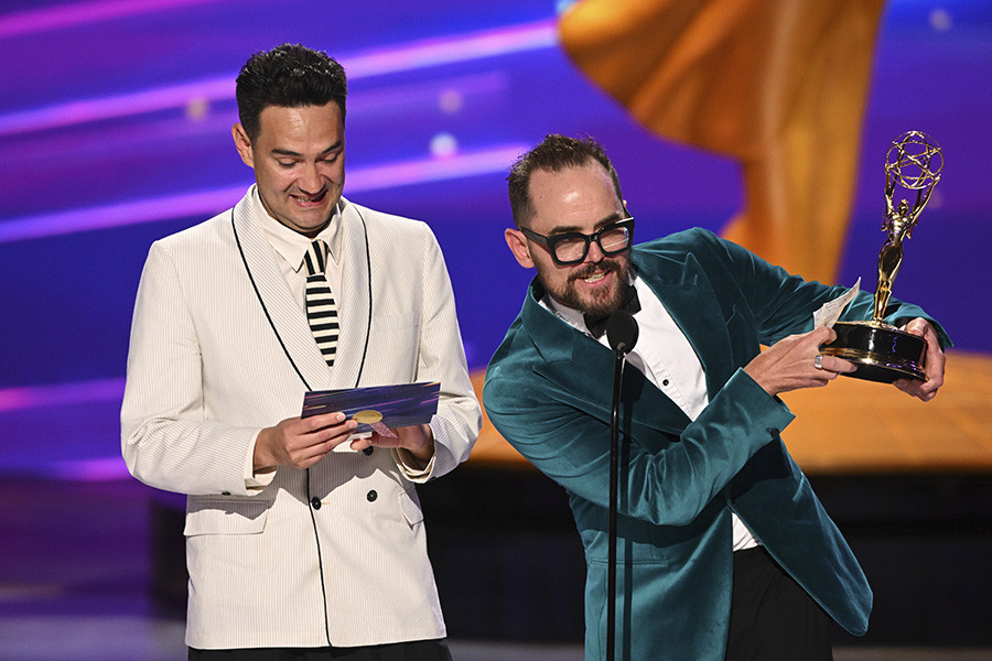 Peter H. Oliver and Benjamin Gerstein accept the award for Outstanding Picture Editing for a Limited or Anthology Series or Movie for Baby Reindeer at the 76th Creative Arts Emmy Awards