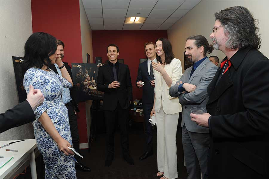 Moderator Michelle Miller chats with actors Tobias Menzies, Sam Heughan, and Catriona Balfe, and composer Bear McCreary and showrunner Ronald D. Moore at the Outlander: From Scotland to Paris event, April 5, 2016, at the NYU Skirball Center for the Perfor