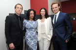 Actor Tobias Menzies, moderator Michelle Miller, and actors Catriona Balfe and Sam Heughan backstage at the Outlander: From Scotland to Paris event, April 5, 2016, at the NYU Skirball Center for the Performing Arts in New York City. 