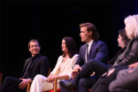 Moderator Michelle Miller, actors Tobias Menzies, Catriona Balfe, and Sam Heughan, showrunner Ronald D. Moore, and costume designer Terry Dresbach on the panel at the Outlander: From Scotland to Paris event, April 5, 2016, at the NYU Skirball Center for t
