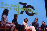 Moderator Michelle Miller, actors Tobias Menzies, Catriona Balfe, and Sam Heughan, and showrunner Ronald D. Moore on the panel at the Outlander: From Scotland to Paris event, April 5, 2016, at the NYU Skirball Center for the Performing Arts in New York Ci