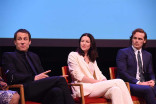 Actors Tobias Menzies, Catriona Balfe, and Sam Heughan on the panel at the Outlander: From Scotland to Paris event, April 5, 2016, at the NYU Skirball Center for the Performing Arts in New York City. 