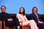 Actors Tobias Menzies, Catriona Balfe, and Sam Heughan on the panel at the Outlander: From Scotland to Paris event, April 5, 2016, at the NYU Skirball Center for the Performing Arts in New York City. 