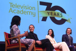 Moderator Michelle Miller speaks with actors Tobias Menzies, Catriona Balfe, and Sam Heughan on the panel at the Outlander: From Scotland to Paris event, April 5, 2016, at the NYU Skirball Center for the Performing Arts in New York City. 