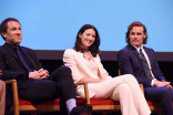 Actors Tobias Menzies, Catriona Balfe, and Sam Heughan on the panel at the Outlander: From Scotland to Paris event, April 5, 2016, at the NYU Skirball Center for the Performing Arts in New York City. 