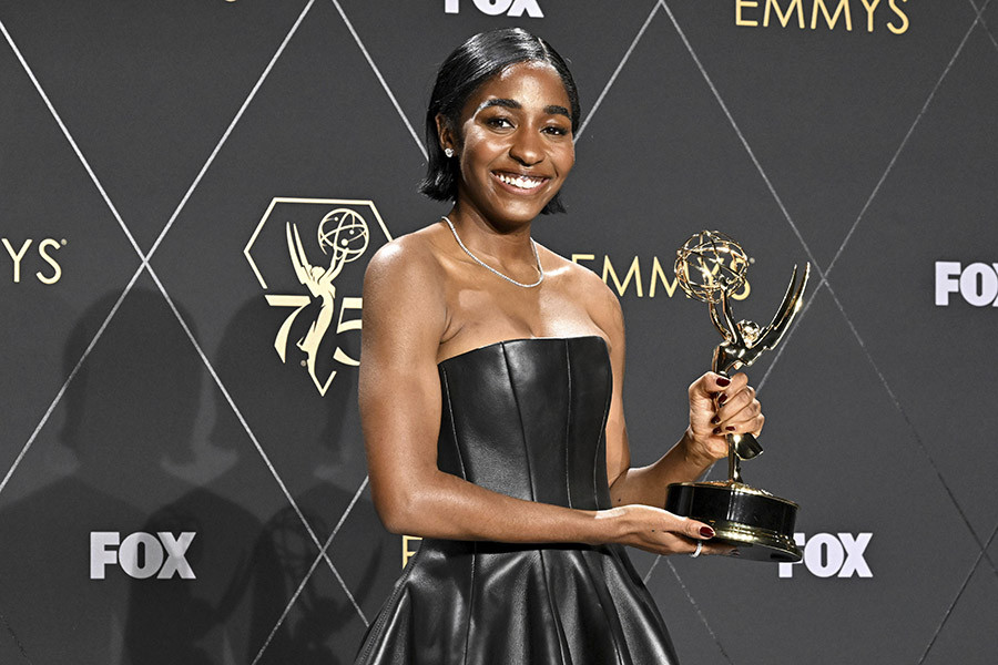 Ayo Edebiri backstage with her award for Supporting Actress In A Comedy Series for The Bear at the 75th Emmy Awards