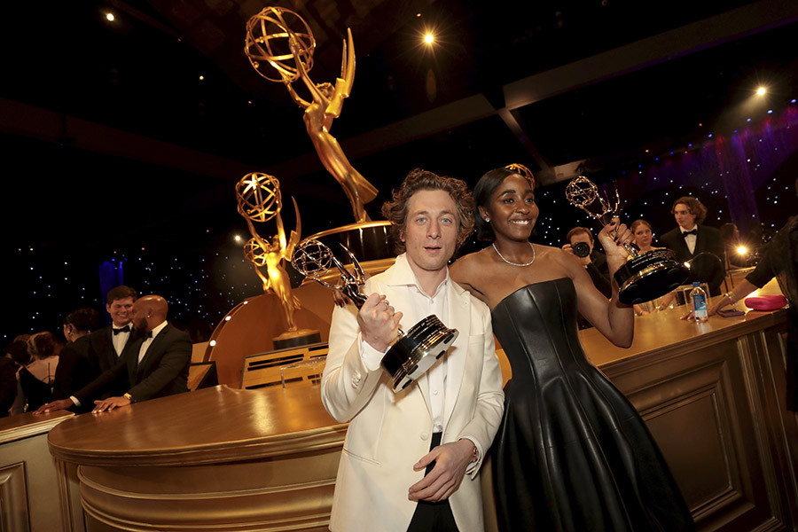 Jeremy Allen White and Ayo Edebiri of The Bear at the 75th Emmy Awards Governors Gala 
