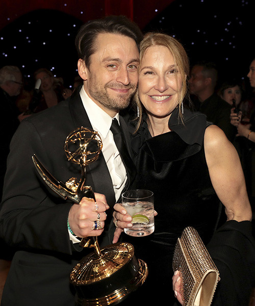 Kieran Culkin, Emmy Award winner for Outstanding Lead Actor in a Drama Series for Succession, and Emily Gerson Saines enjoy the 75th Emmy Awards