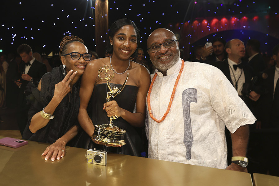 EXCLUSIVE Ayo Edebiri, winner of Outstanding Supporting Actress in a Comedy Series for The Bear, Helen O'Neal Edebiri and Dele Edebiri at the 75th Emmy Awards Governors Gala Winners Circle