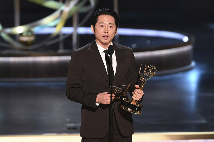 Steven Yeun accepts the award for Outstanding Lead Actor In A Limited Or Anthology Series Or Movie for BEEF at the 75th Emmy Awards