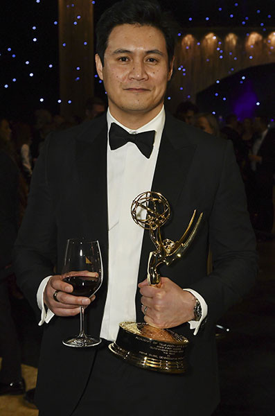 Rene Gube, Award winner for Outstanding Comedy Series on The Bear, at the Governors Gala Winners Circle with JUSTIN after the 75th Emmy Awards