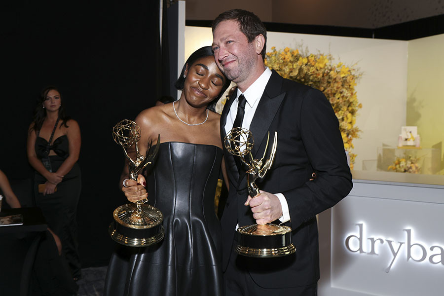 Ayo Edebiri and Ebon Moss-Bachrach from The Bear backstage at the 75th Emmy Awards