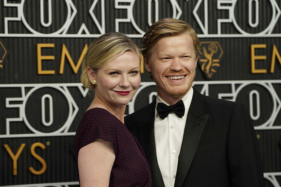 Jesse Plemons from Love &amp; Death and Kirsten Dunst on the red carpet at the 75th Emmy Awards 
