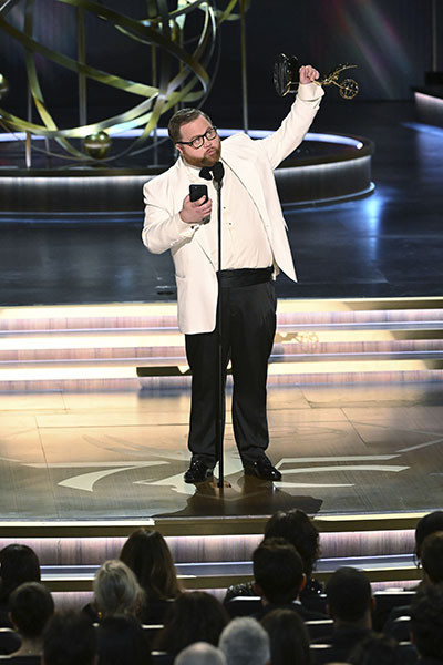 Paul Walter Hauser accepts the award for Outstanding Supporting Actor in a limited or anthology series or movie for Black Bird at the 75th Emmy Awards