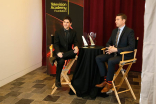 Aleksandr Rikhterman and Scott Aukerman in the interview room at the 36th College Television Awards at the Skirball Cultural Center in Los Angeles, April 23, 2015.